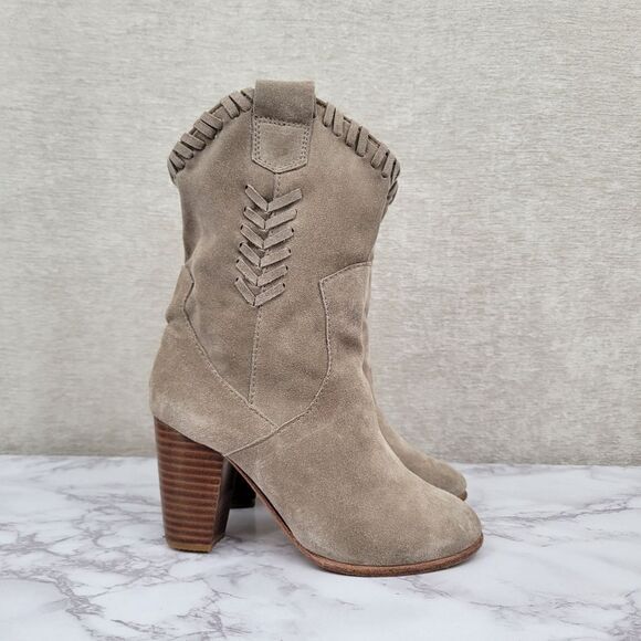 Madison Harding Women's Taupe Suede Heeled Ankle Boots Boho Western - Picture 1 of 14